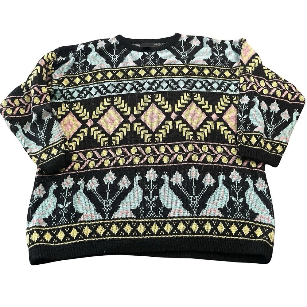 80s 90s Sweater Size L/XL New Wave Fair Isle Blue Bird Fuzzy Crewneck Pastel